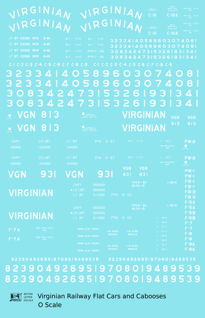 Virginian Flat Car and Caboose White  - Decal - Choose Scale
