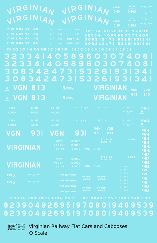 Virginian Flat Car and Caboose White  - Decal Sheet