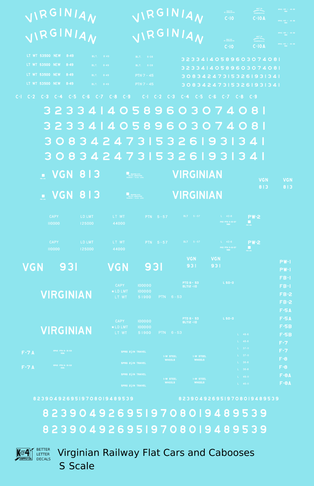 Virginian Flat Car and Caboose White  - Decal - Choose Scale