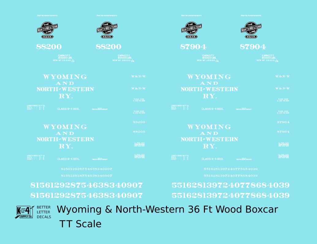 Wyoming and North Western 36 Ft Wood Boxcar White CNW - Decal - Choose Scale