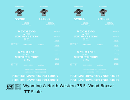Wyoming and North Western 36 Ft Wood Boxcar White CNW - Decal - Choose Scale