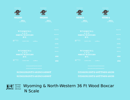Wyoming and North Western 36 Ft Wood Boxcar White CNW - Decal - Choose Scale