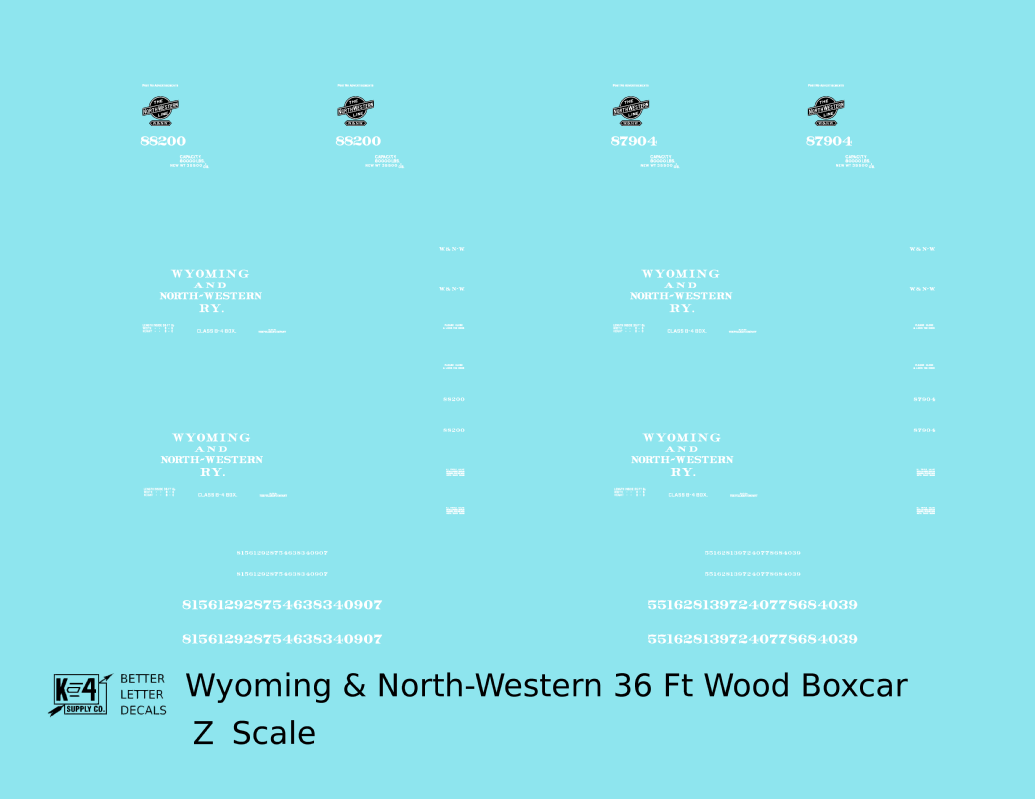 Wyoming and North Western 36 Ft Wood Boxcar White CNW - Decal - Choose Scale
