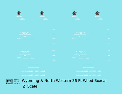 Wyoming and North Western 36 Ft Wood Boxcar White CNW - Decal - Choose Scale