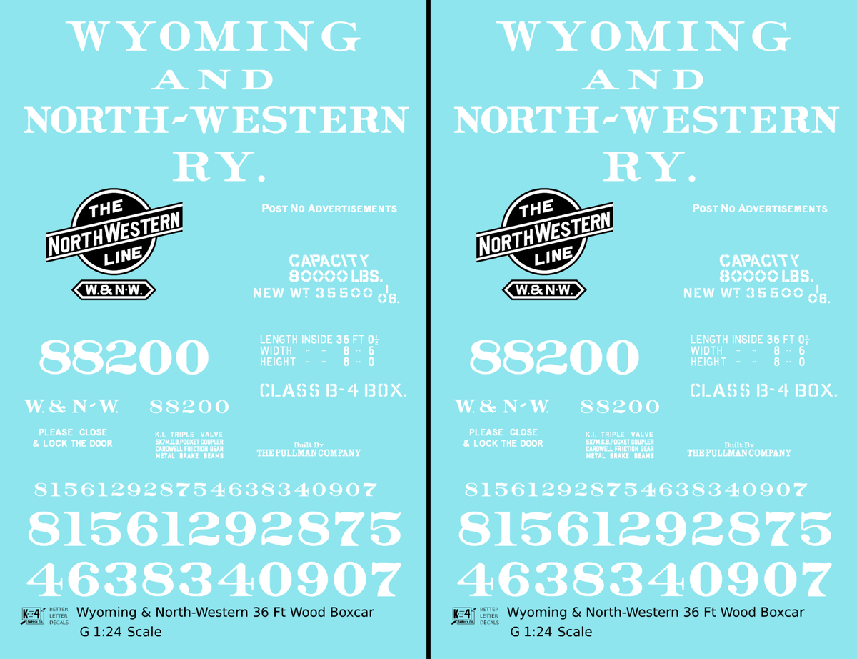 Wyoming and North Western 36 Ft Wood Boxcar White CNW - Decal - Choose Scale