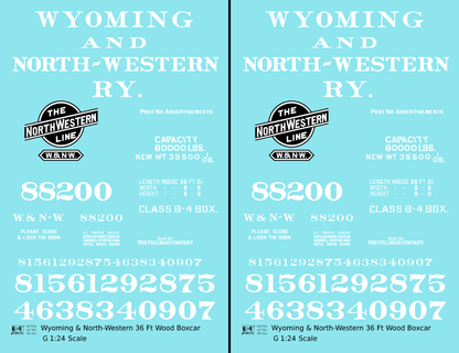Wyoming and North Western 36 Ft Wood Boxcar White CNW - Decal - Choose Scale