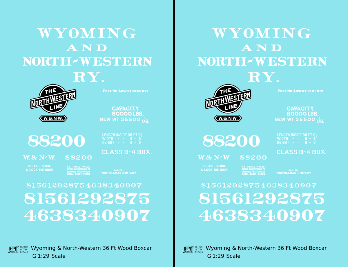 Wyoming and North Western 36 Ft Wood Boxcar White CNW - Decal - Choose Scale