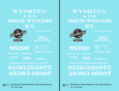 Wyoming and North Western 36 Ft Wood Boxcar White CNW - Decal - Choose Scale