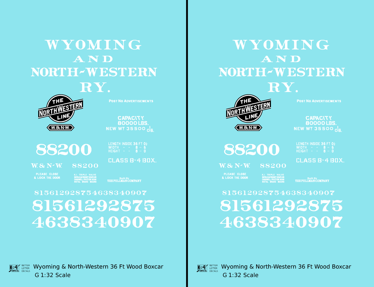Wyoming and North Western 36 Ft Wood Boxcar White CNW - Decal - Choose Scale