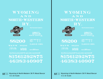 Wyoming and North Western 36 Ft Wood Boxcar White CNW - Decal - Choose Scale