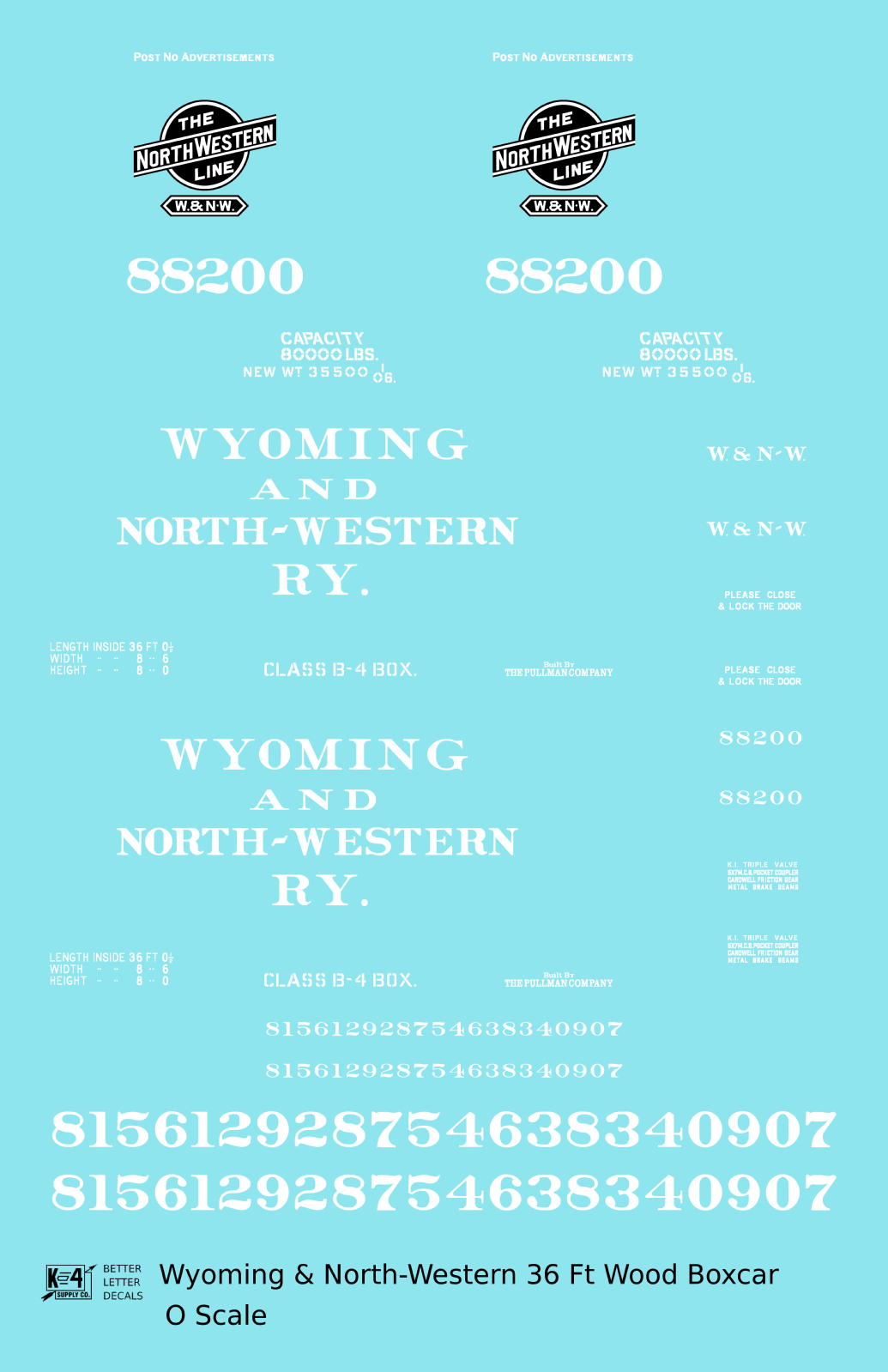 Wyoming and North Western 36 Ft Wood Boxcar White CNW - Decal - Choose Scale