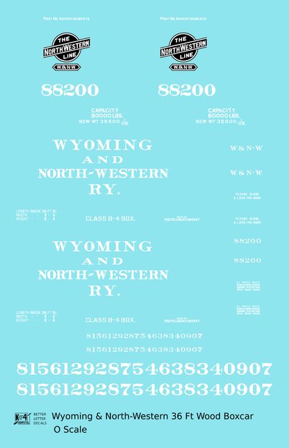 Wyoming and North Western 36 Ft Wood Boxcar White CNW - Decal - Choose Scale