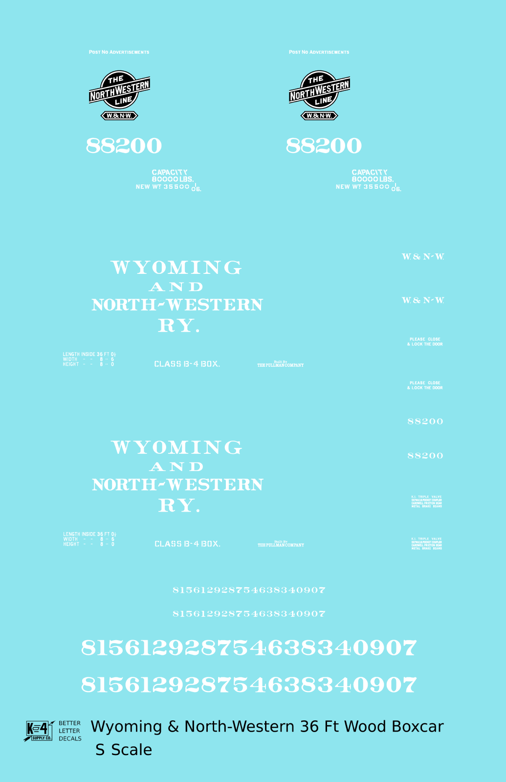 Wyoming and North Western 36 Ft Wood Boxcar White CNW - Decal - Choose Scale