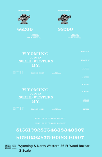 Wyoming and North Western 36 Ft Wood Boxcar White CNW - Decal - Choose Scale