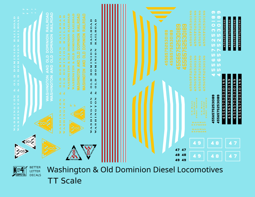 Washington and Old Dominion Diesel Locomotives and Doodlebug   - Decal - Choose Scale