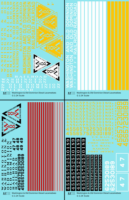 Washington and Old Dominion Diesel Locomotives and Doodlebug   - Decal - Choose Scale