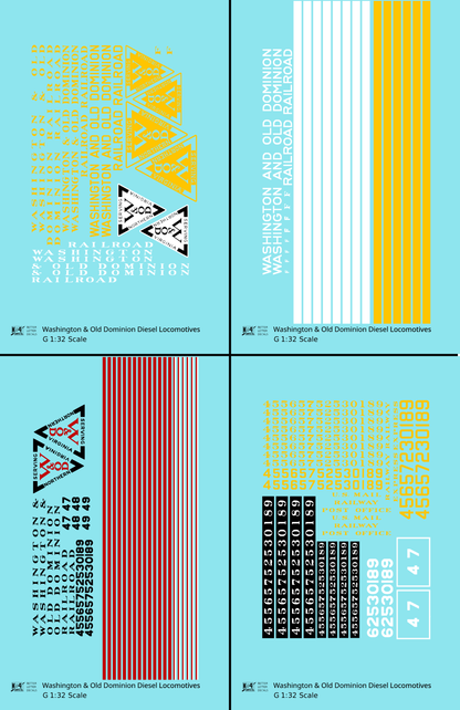 Washington and Old Dominion Diesel Locomotives and Doodlebug   - Decal - Choose Scale