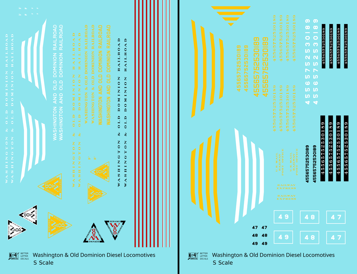 Washington and Old Dominion Diesel Locomotives and Doodlebug   - Decal - Choose Scale