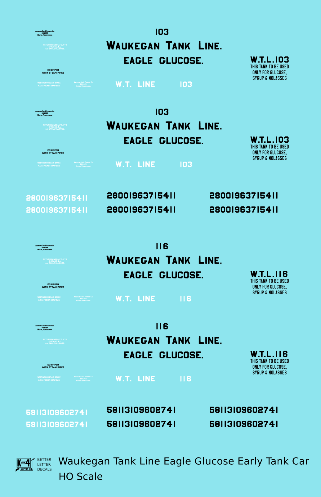 Waukegan Tank Line / Eagle Glucose Early Tank Car Black & White
