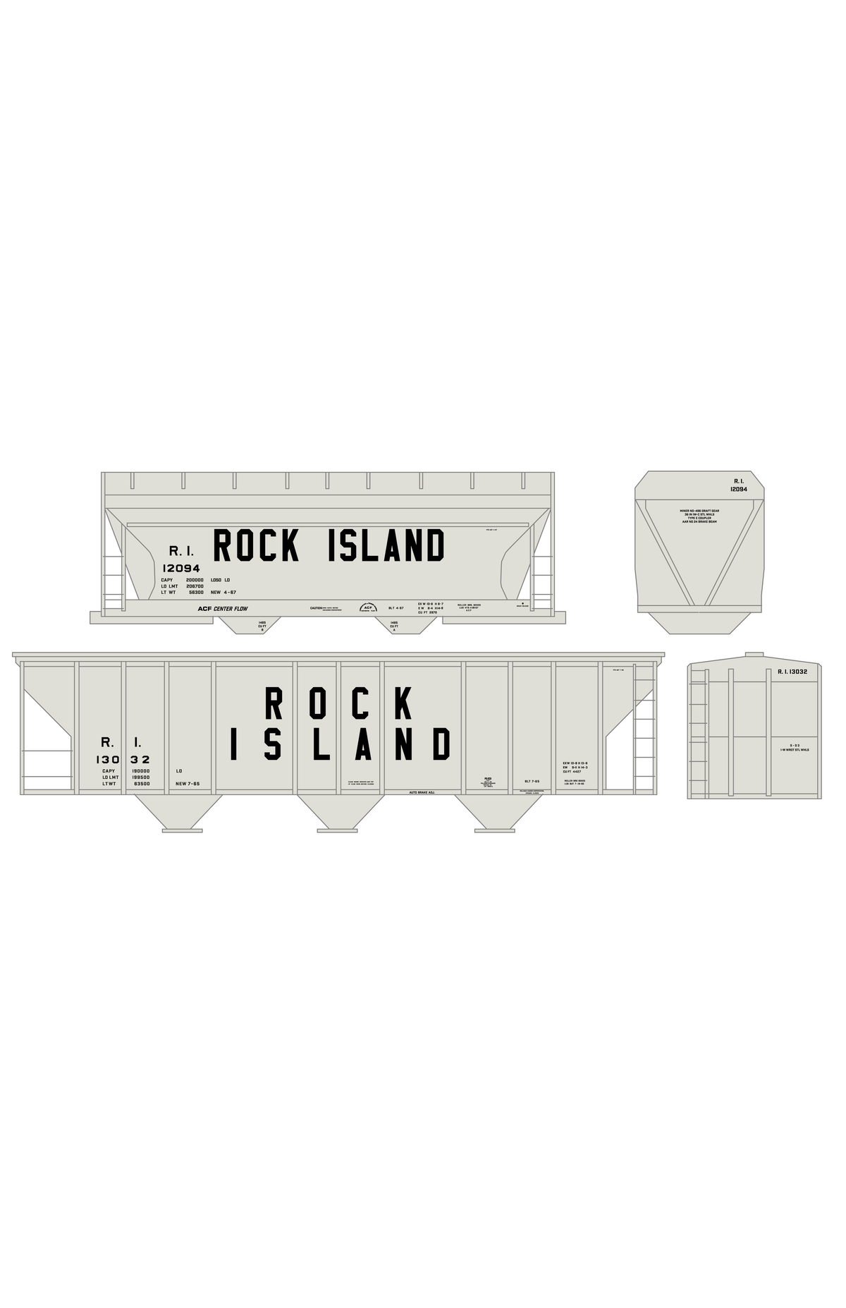 Rock Island ACF and PS-2 Covered Hopper Black Tall Block Letters