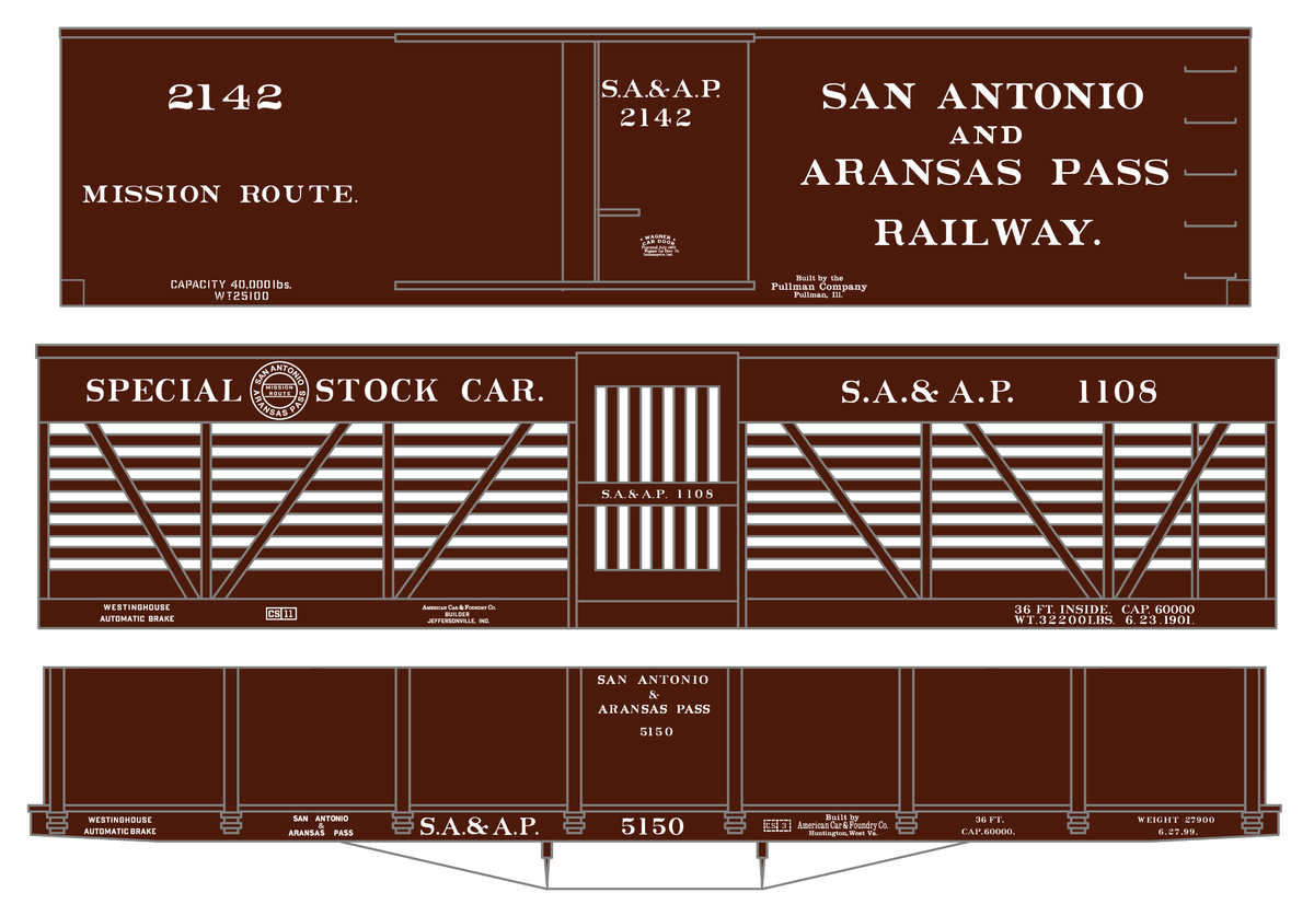 San Antonio and Aransas Pass Boxcar, Stock Car and Gondola White  - Decal