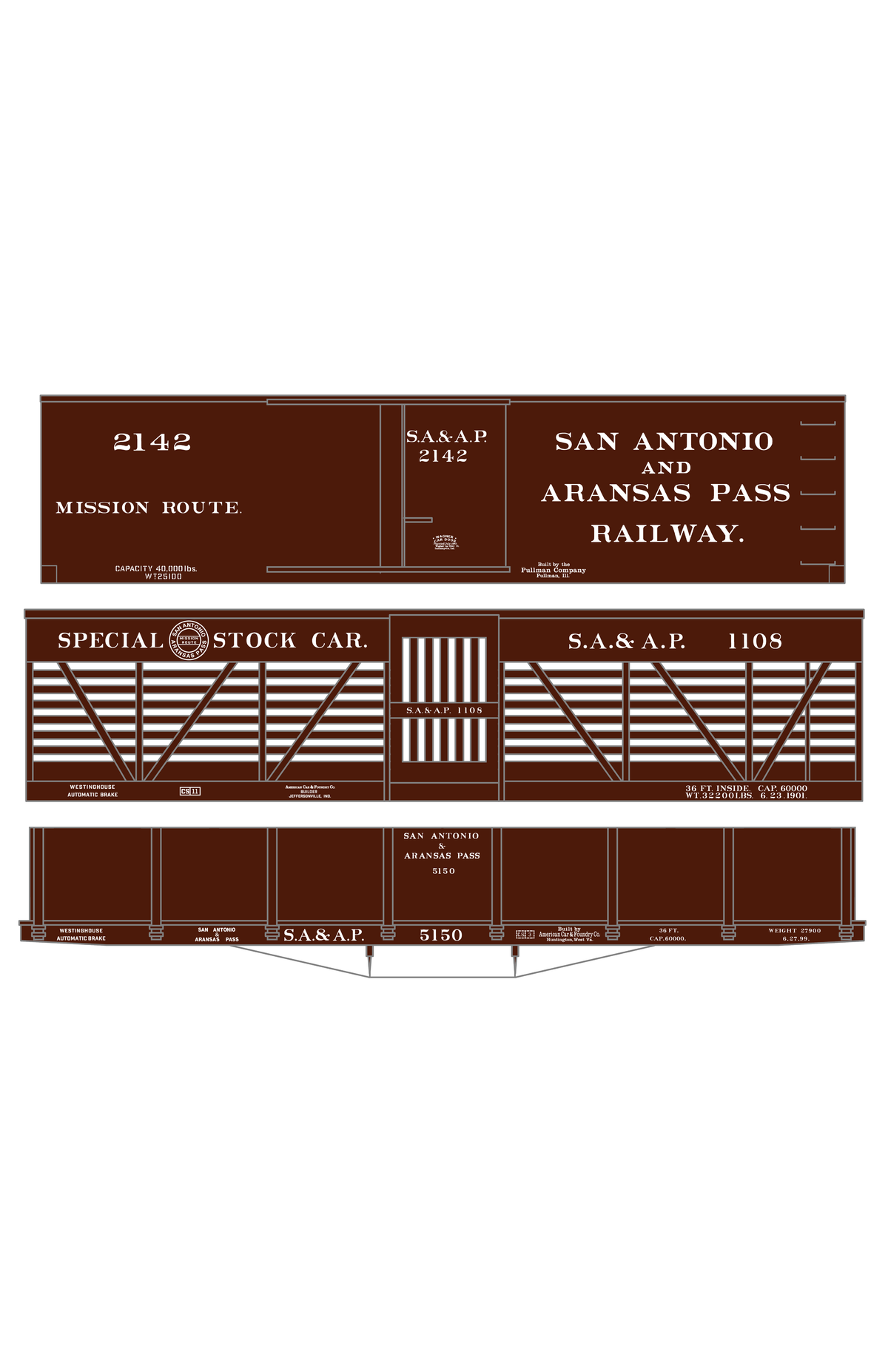 San Antonio and Aransas Pass Boxcar, Stock Car and Gondola White