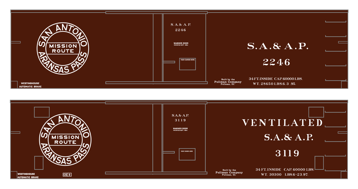 San Antonio and Aransas Pass 34 Ft Boxcars White Circle Herald - Decal