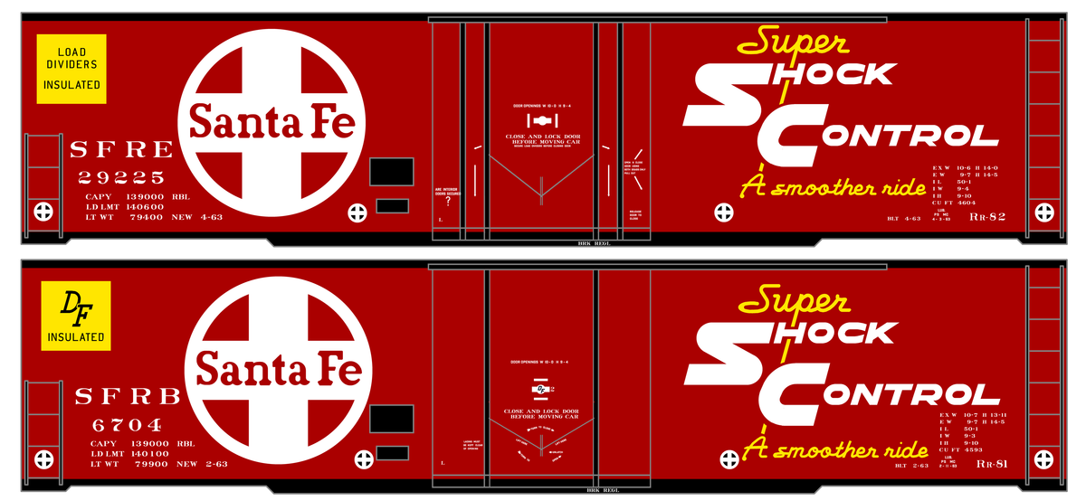 Santa Fe Rr-81, Rr-82 50 Ft Insulated Boxcars White and Yellow Shock Control