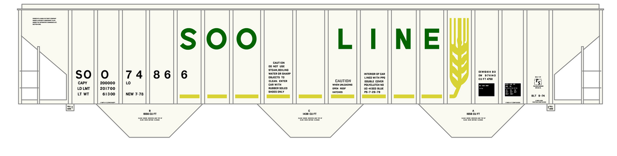 Soo Line PS2-CD Covered Hopper Green, Yellow and Black Wheat Scheme