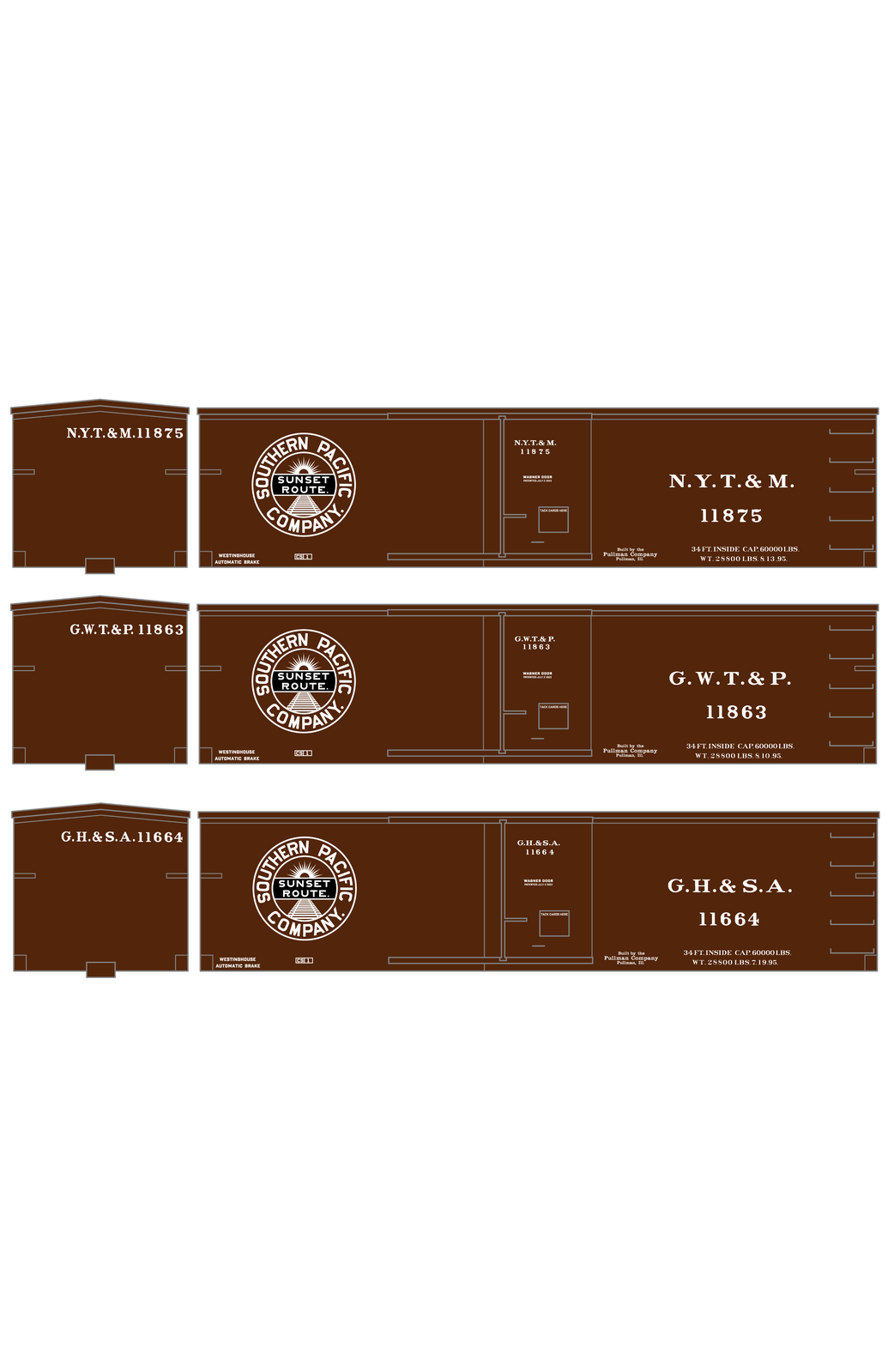 Southern Pacific 34 Ft Wood Boxcar White GH&SA GWT&P NYT&M - Decal