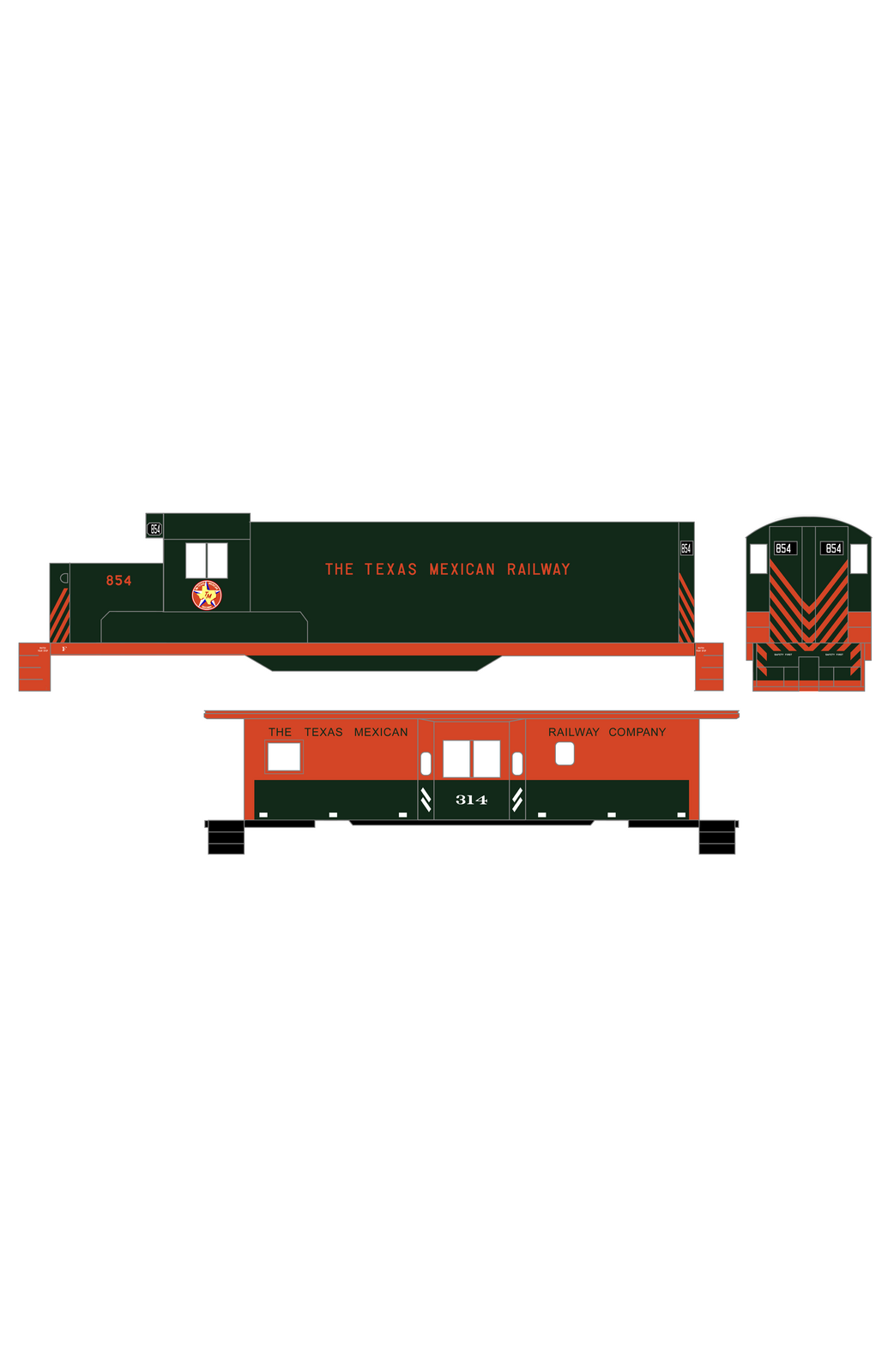 Texas Mexican Railway Hood Diesel Locomotive and Caboose Red-Orange