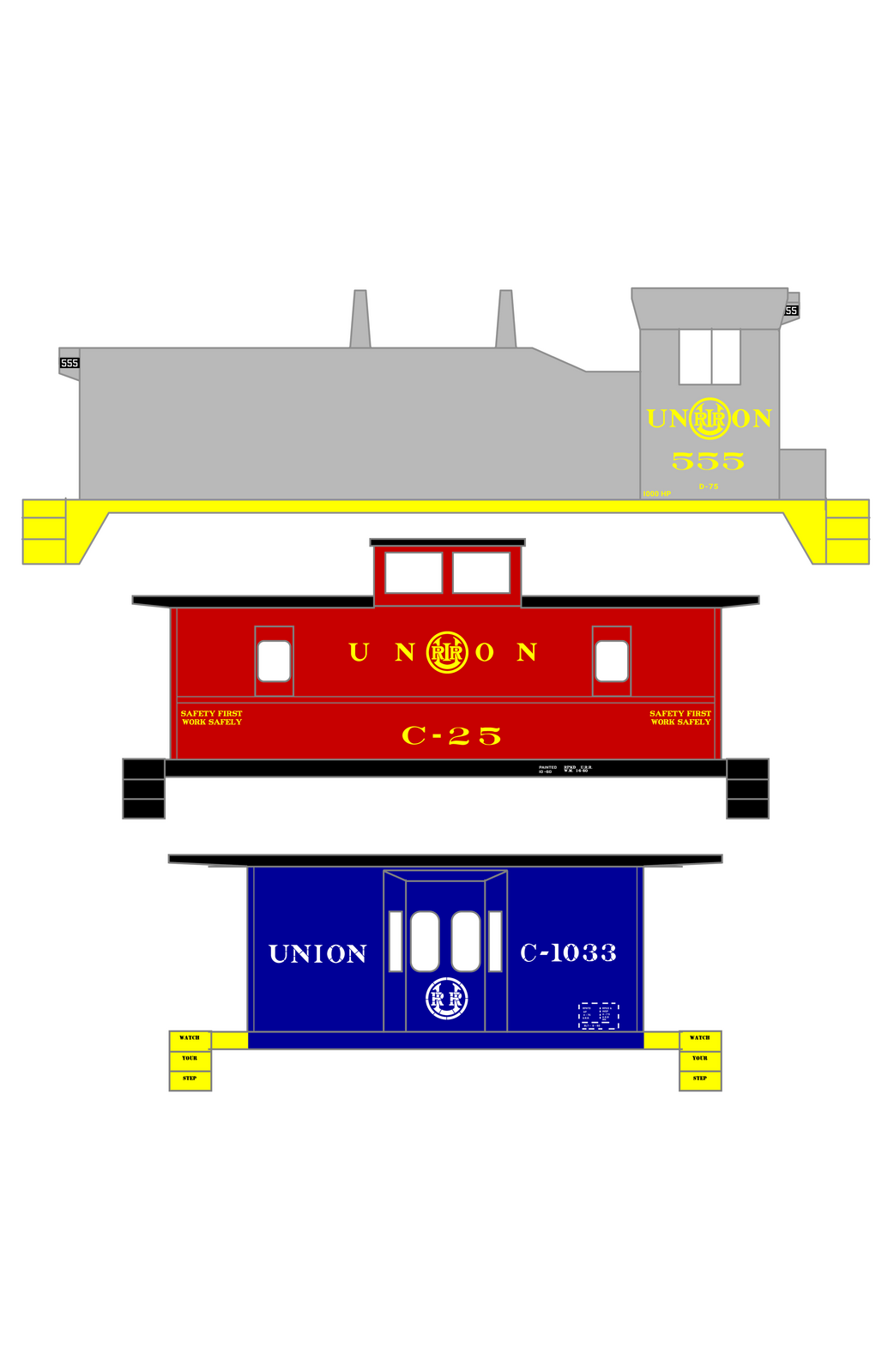 Union Railroad Locomotive and Caboose Yellow and White