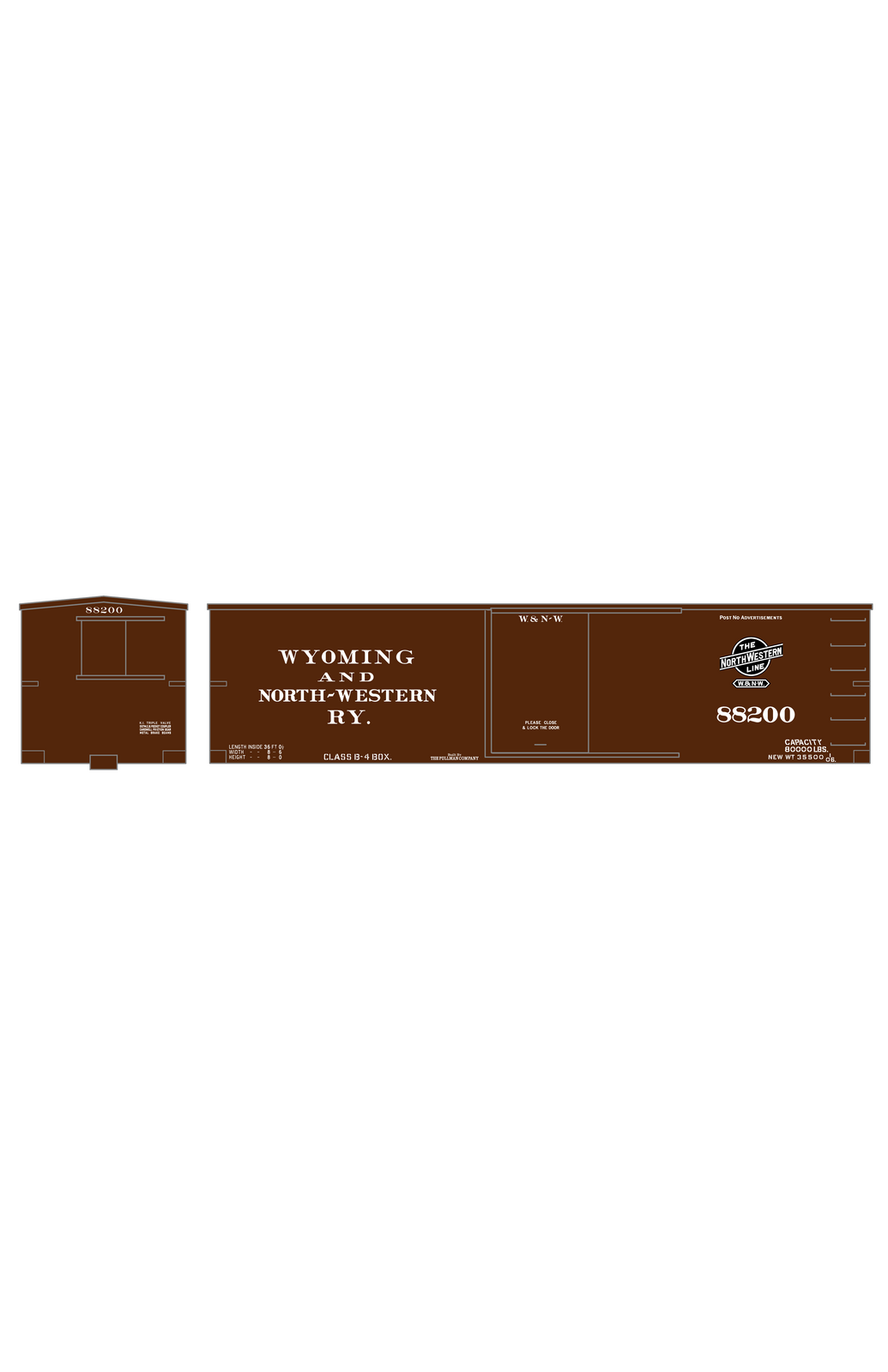 Wyoming and North Western 36 Ft Wood Boxcar White CNW - Decal