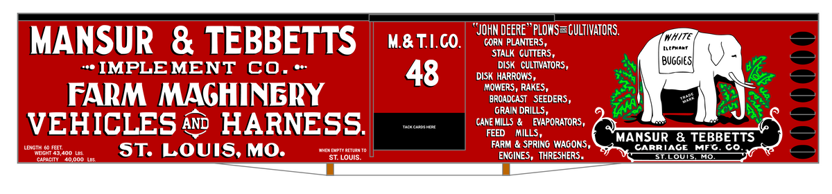 Mansur & Tebbetts Implement Co 60 Ft Billboard Boxcar White & Black
