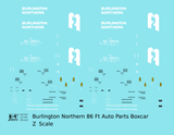 Burlington Northern 86 Ft Auto Parts Boxcar White  - Decal - Choose Scale