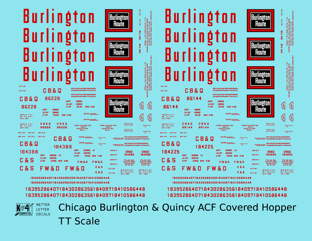 Burlington CB&Q ACF Covered Hopper Red  - Decal - Choose Scale