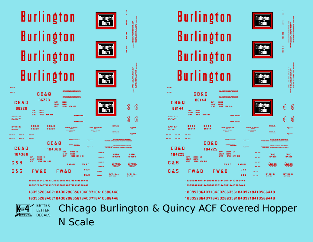 Burlington CB&Q ACF Covered Hopper Red  - Decal - Choose Scale