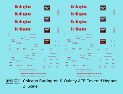 Burlington CB&Q ACF Covered Hopper Red  - Decal - Choose Scale