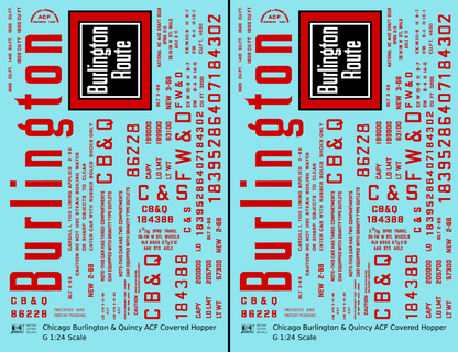 Burlington CB&Q ACF Covered Hopper Red  - Decal - Choose Scale