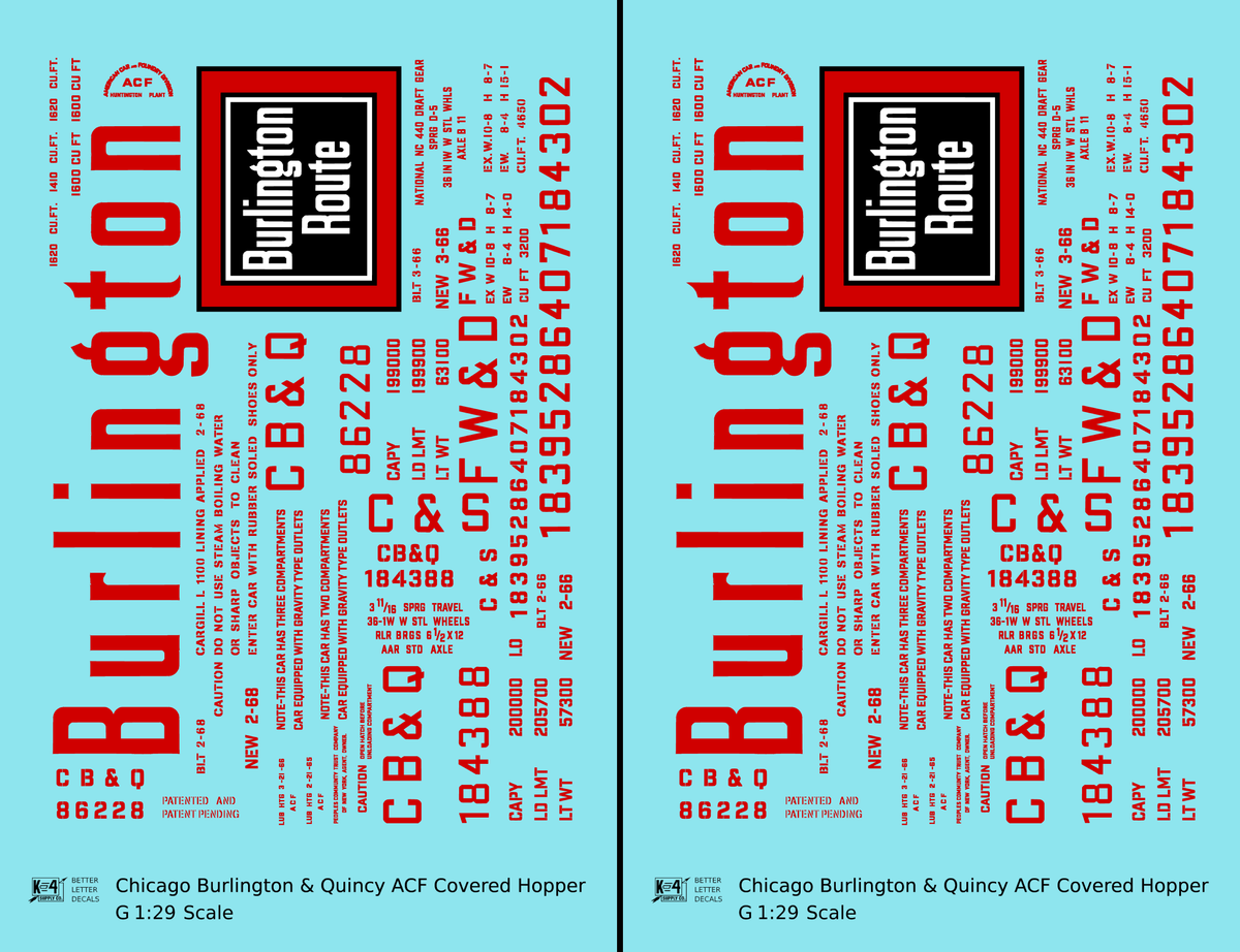 Burlington CB&Q ACF Covered Hopper Red  - Decal - Choose Scale