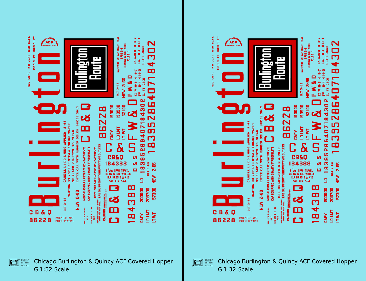 Burlington CB&Q ACF Covered Hopper Red  - Decal - Choose Scale