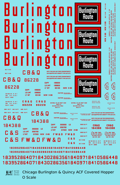 Burlington CB&Q ACF Covered Hopper Red  - Decal Sheet
