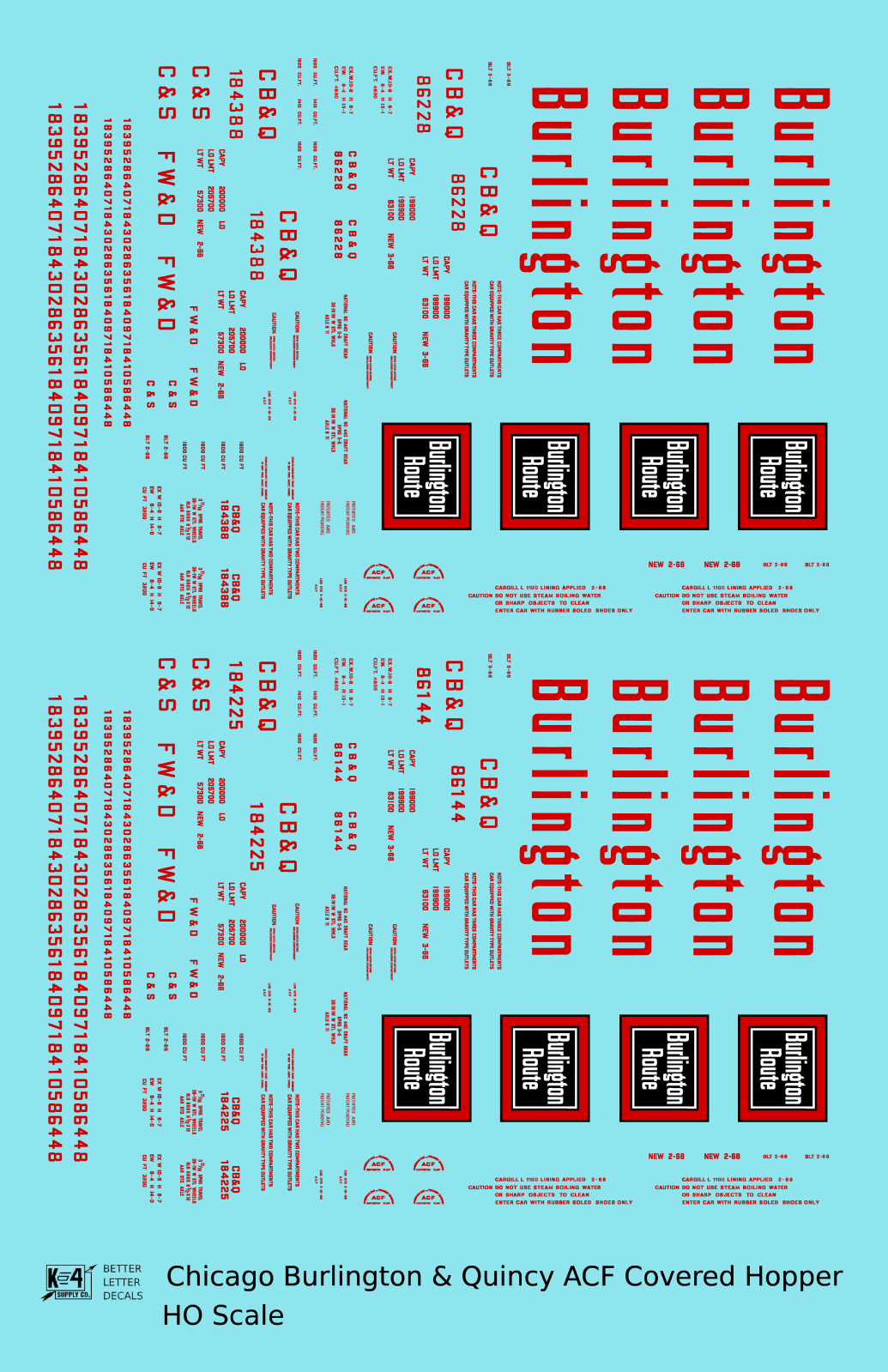 Burlington CB&Q ACF Covered Hopper Red  - Decal - Choose Scale