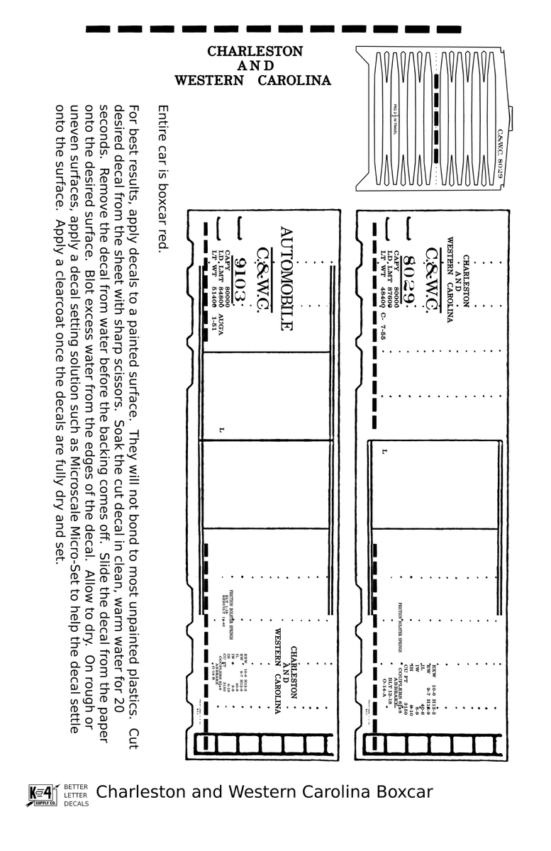 Charleston and Western Carolina 40 Ft Boxcar White - Decal - Choose Sc