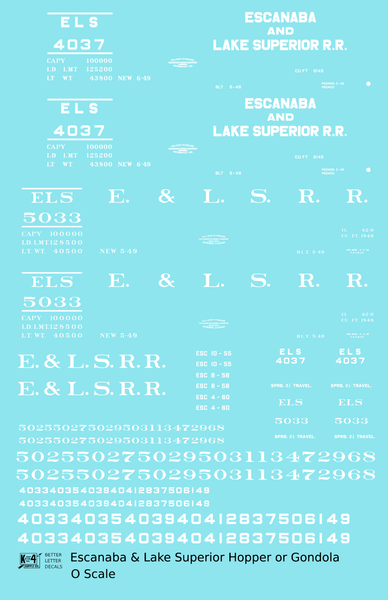 Escanaba and Lake Superior Gondola and Offset Hopper White ELS - Decal Sheet