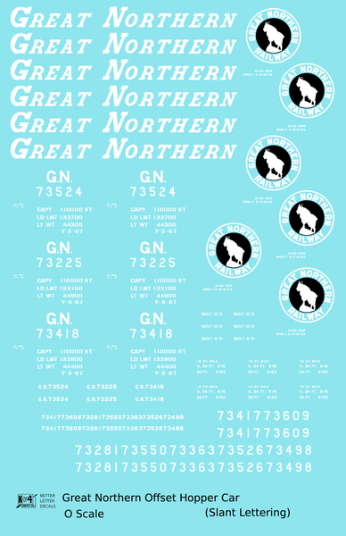 Great Northern Offset Twin Hopper White and Black Slant Lettering - Decal Sheet