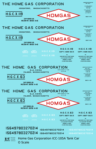 Home Gas Corp ICC-105 Tank Car Black White and Red Homgas - Decal Sheet