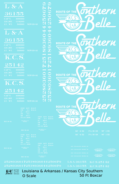 Kansas City Southern / Louisiana and Arkansas 50 Ft Boxcar White Southern Belle - Decal Sheet