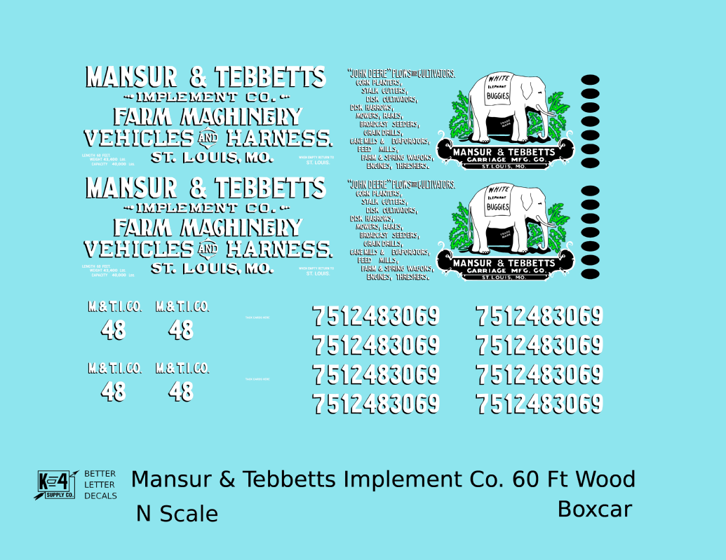 Mansur & Tebbetts Implement Co 60 Ft Billboard Boxcar White & Black