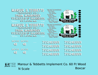 Mansur & Tebbetts Implement Co 60 Ft Billboard Boxcar White & Black
